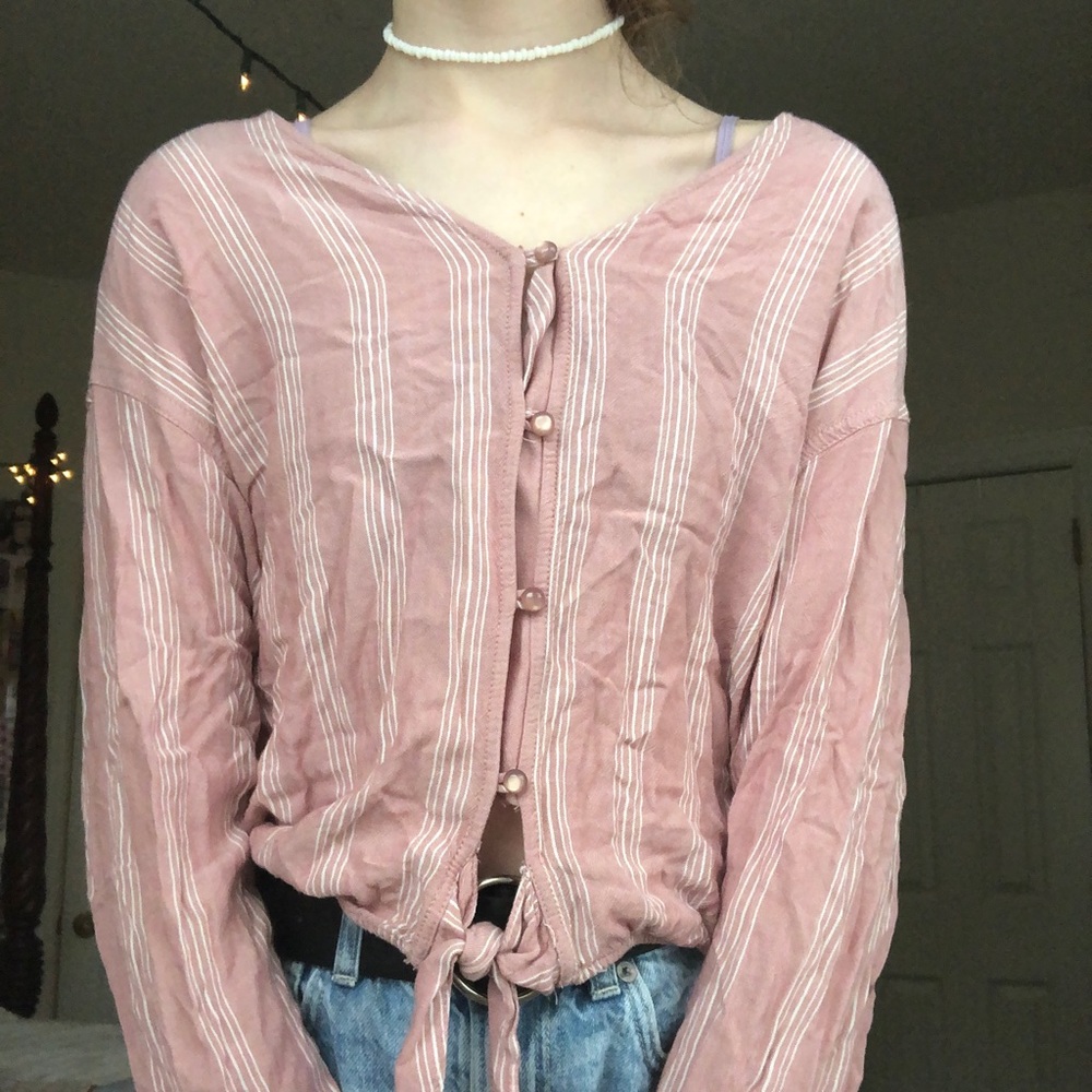long sleeve pink and white button up